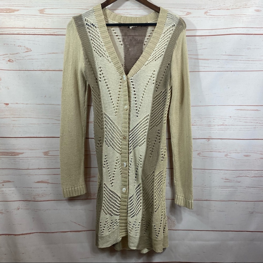 Hem & Thread Open Knit Long Button Cardigan